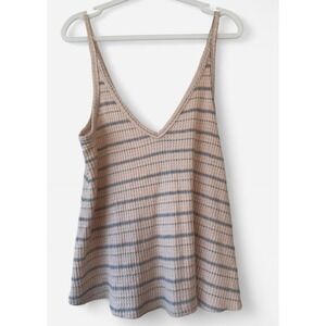 Glyder Logo Waffle Knit Striped V-Neck Camisole Tank Top Tan Relaxed Fit size S